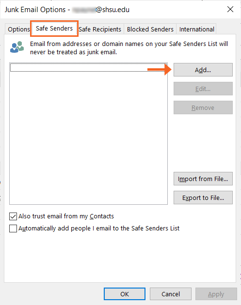 Junk Mail Safe Sender Options