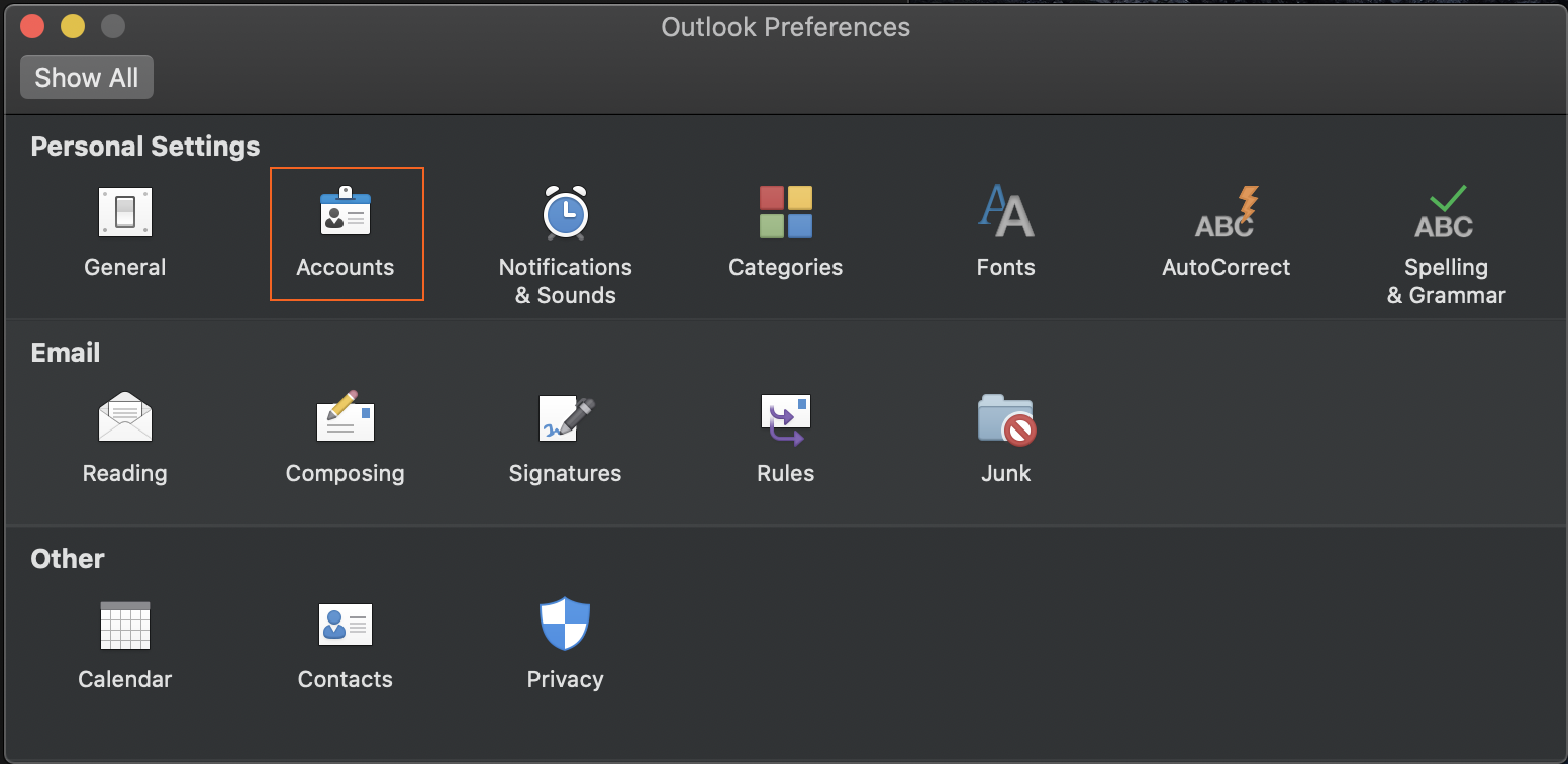 Outlook Preferences screen