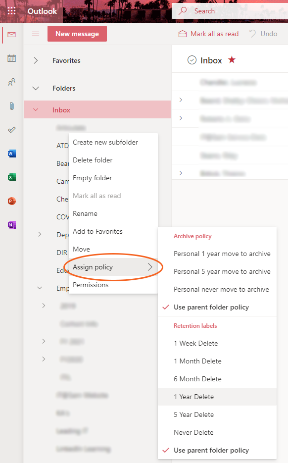 OWA Retention Policy Folder