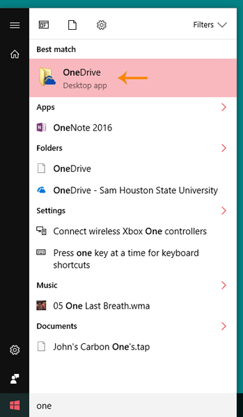 OneDrive in Start menu