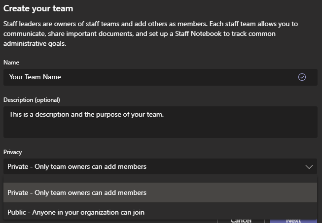 Team Information screen