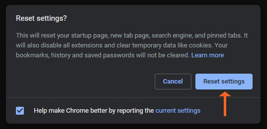 Chrome Reset Confirmation