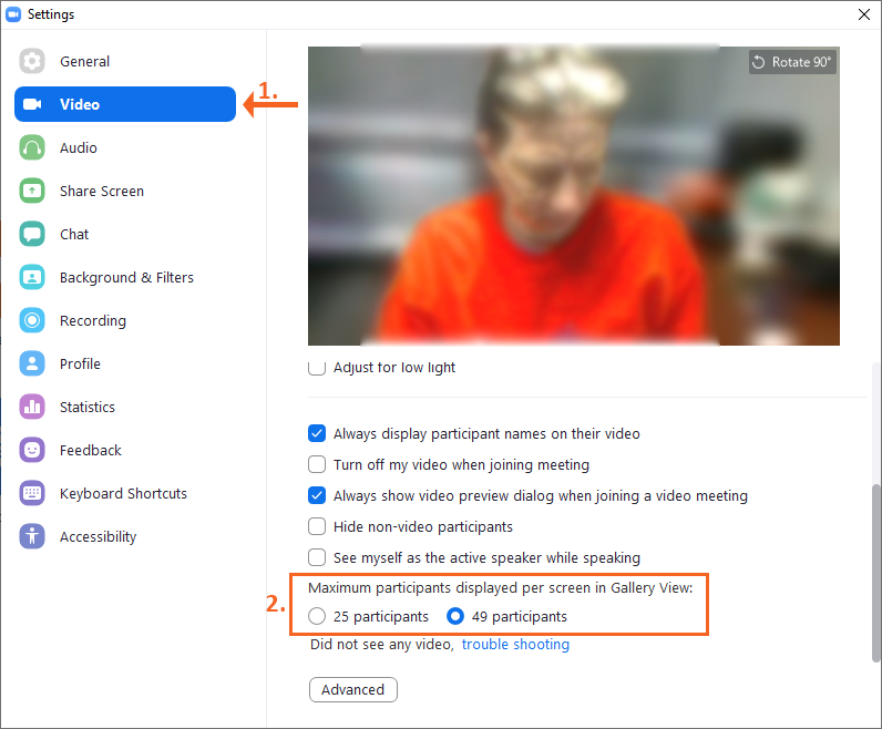Video Settings Num of Participants Showing