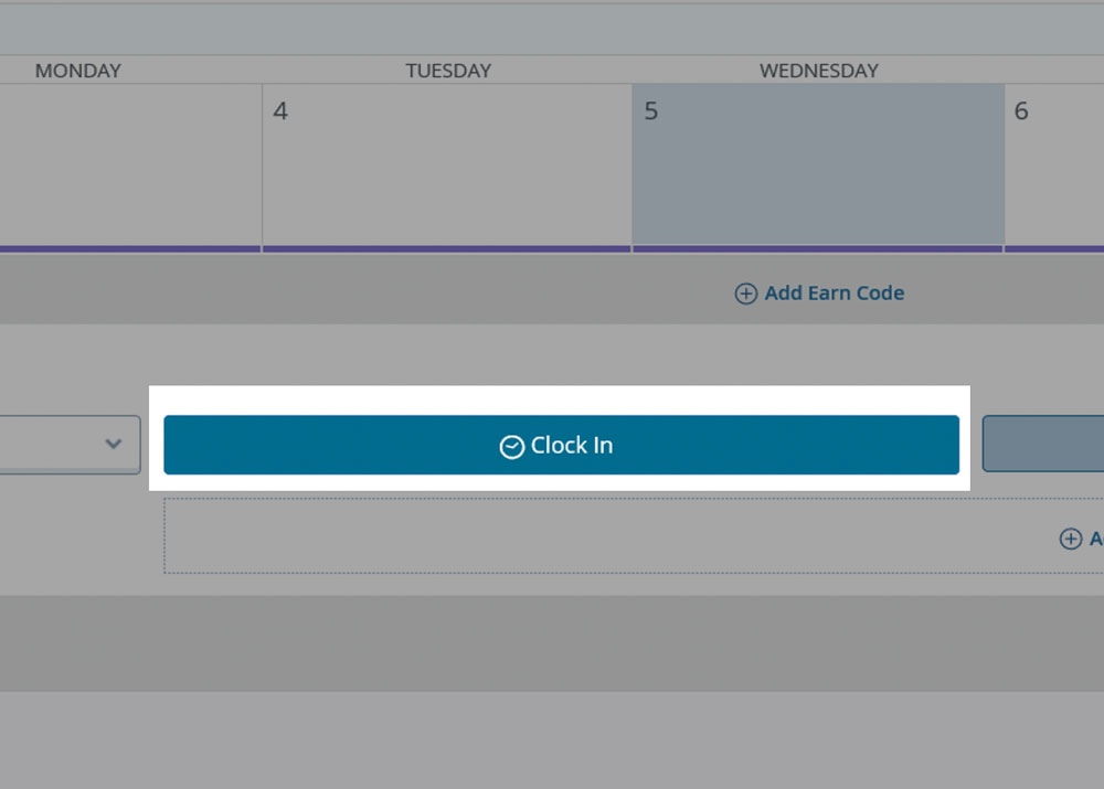 clock in button is highlighted below under calendar week