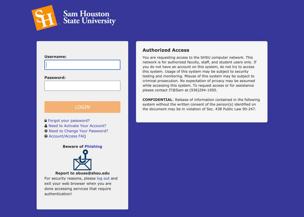 MySam Login Screen, a blue background with Sam Houston State University logo and login fields to the left