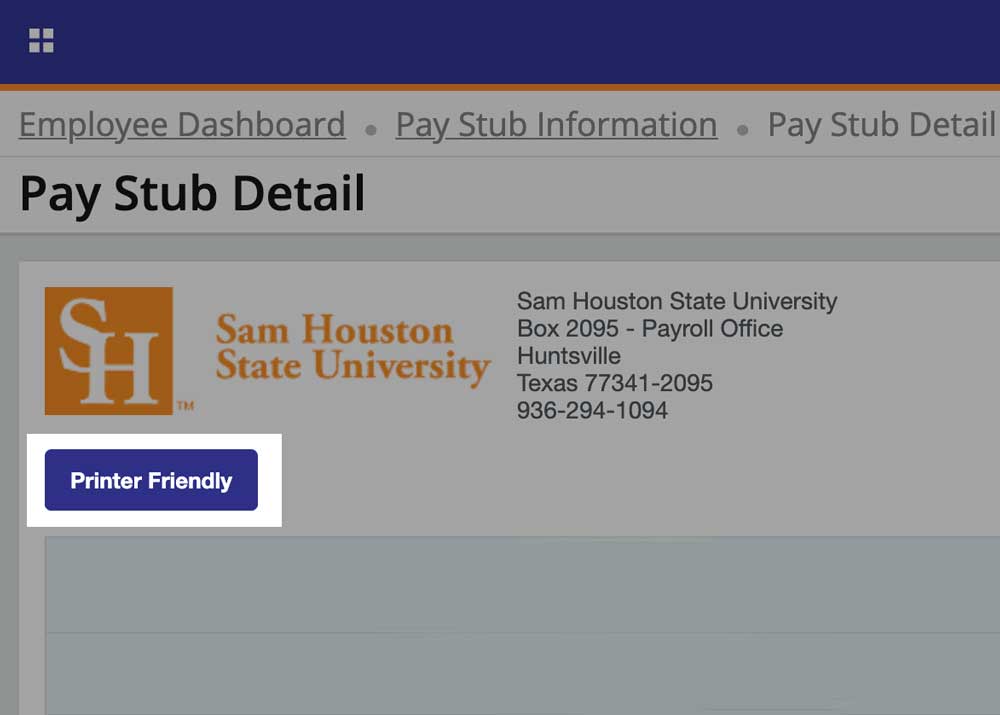 Pay Stub Detail Screen. Printer Friendly button is lcoated at the top left under the university logo.