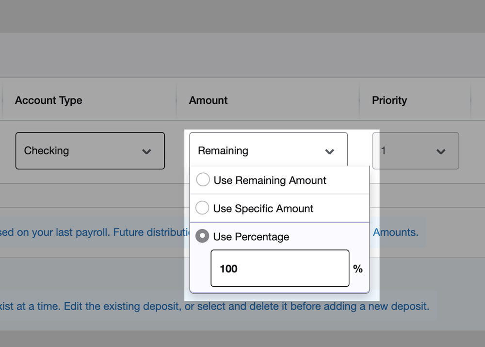 amount dropdown expanded. Options include Use Remaining Amount, Use Specific Amount, Use Percentage