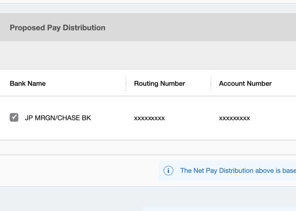 Direct Deposit Screen. Checkbox located to the left of the account numbers.