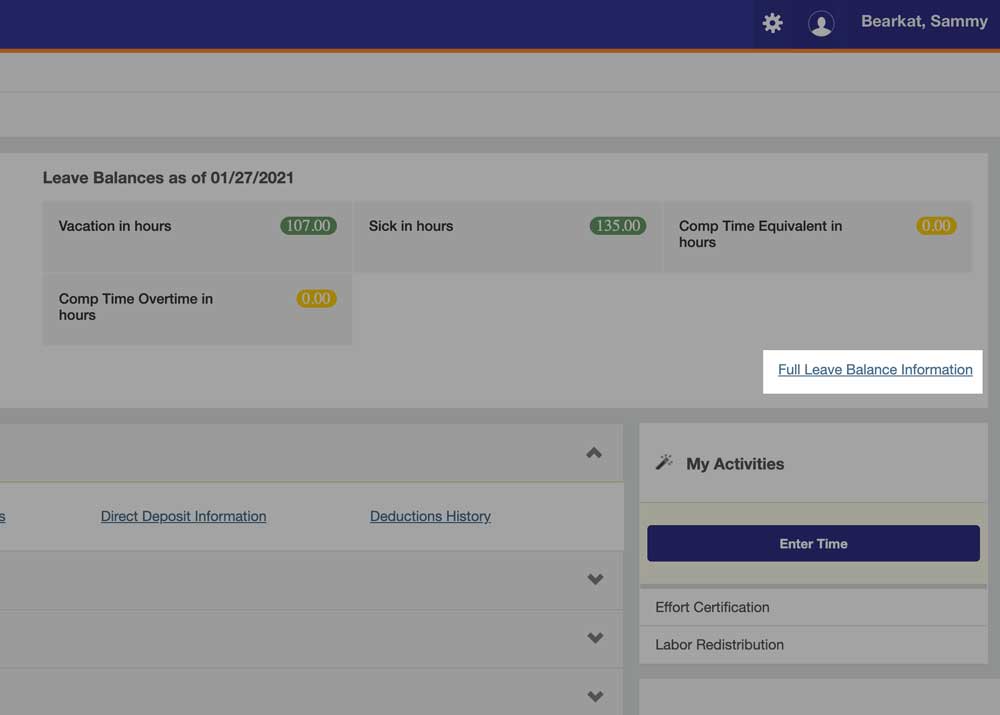 Employee Profile Dashboard. Full Leave Balance Information hyperlink is located to the right of the dashboard.