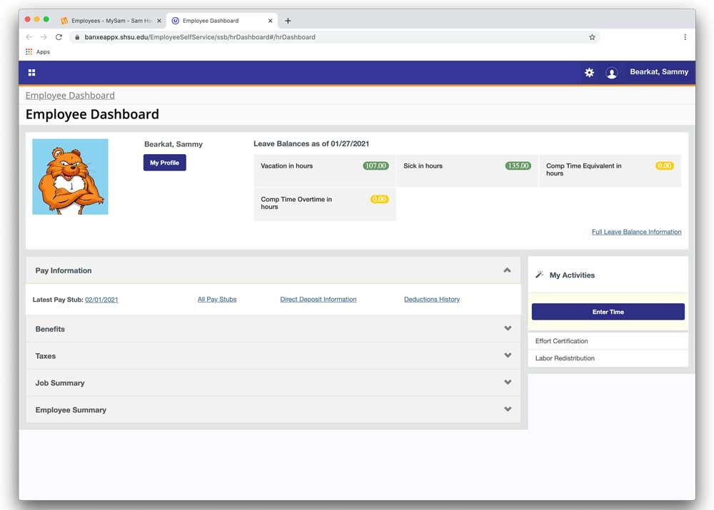 Employee Profile Dashboard. Leave balances are located to the top right.