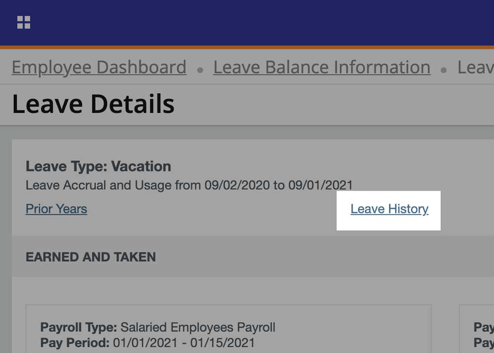 Leave Detail Screen. Leave history is the second hyperlink at the top of the section.