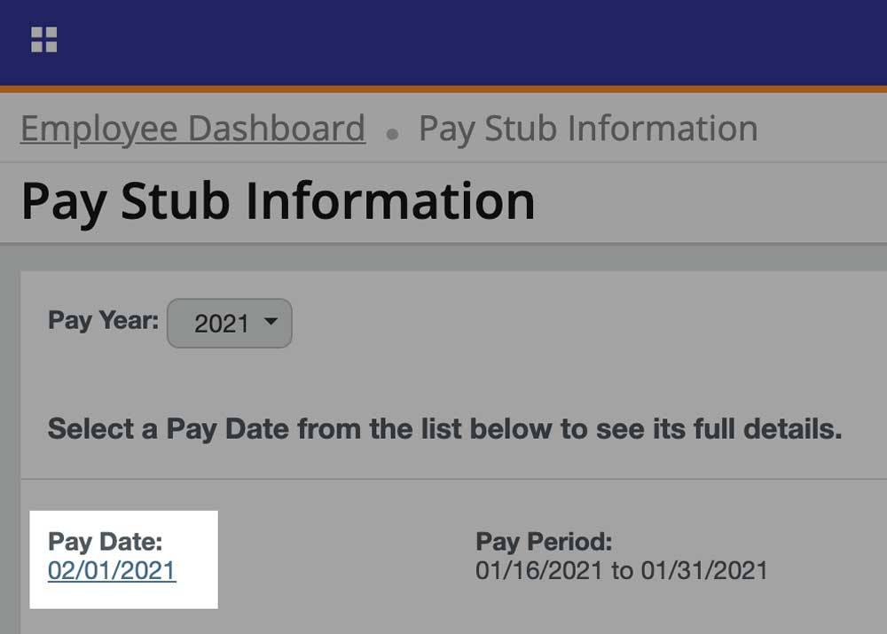Pay Stub Information Screen. Date hyperlinks located in the first column.