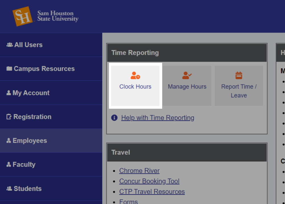 Clock Hours button located at the top left of Employees Page in MySam