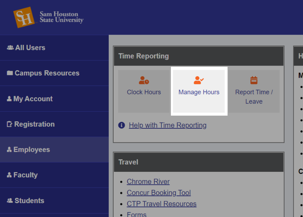 Manage Hours button located at the top left of Employees Page in MySam