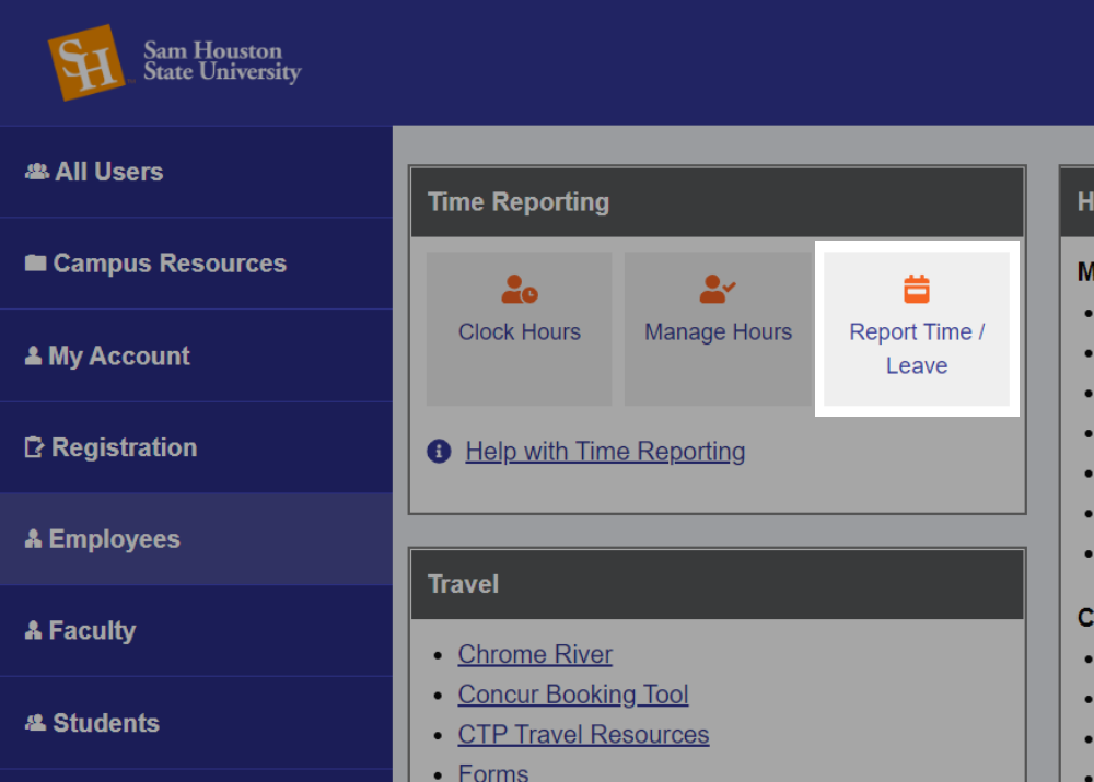 Report Time / Leave button located under Time Reporting with orange calendar icon