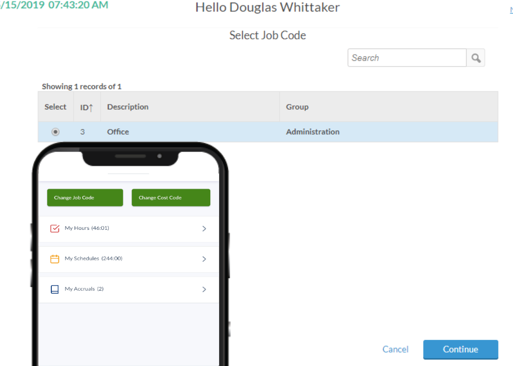 Use green Chnage Job Code in mobile clock