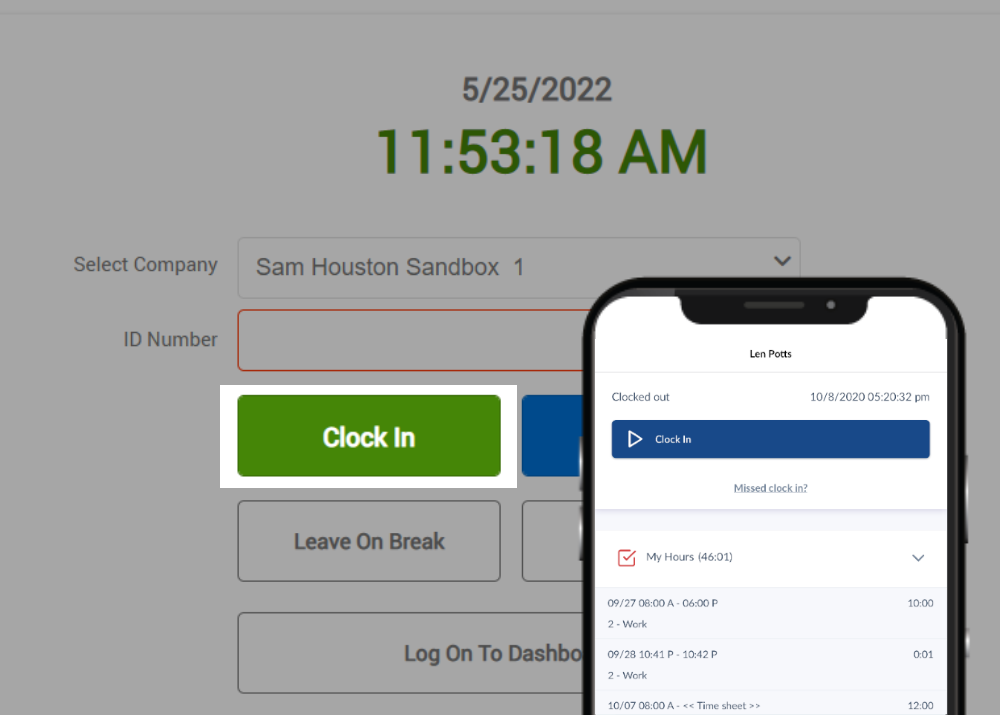 Green clock in button located on the left in web clock but at the top in mobile clock in blue