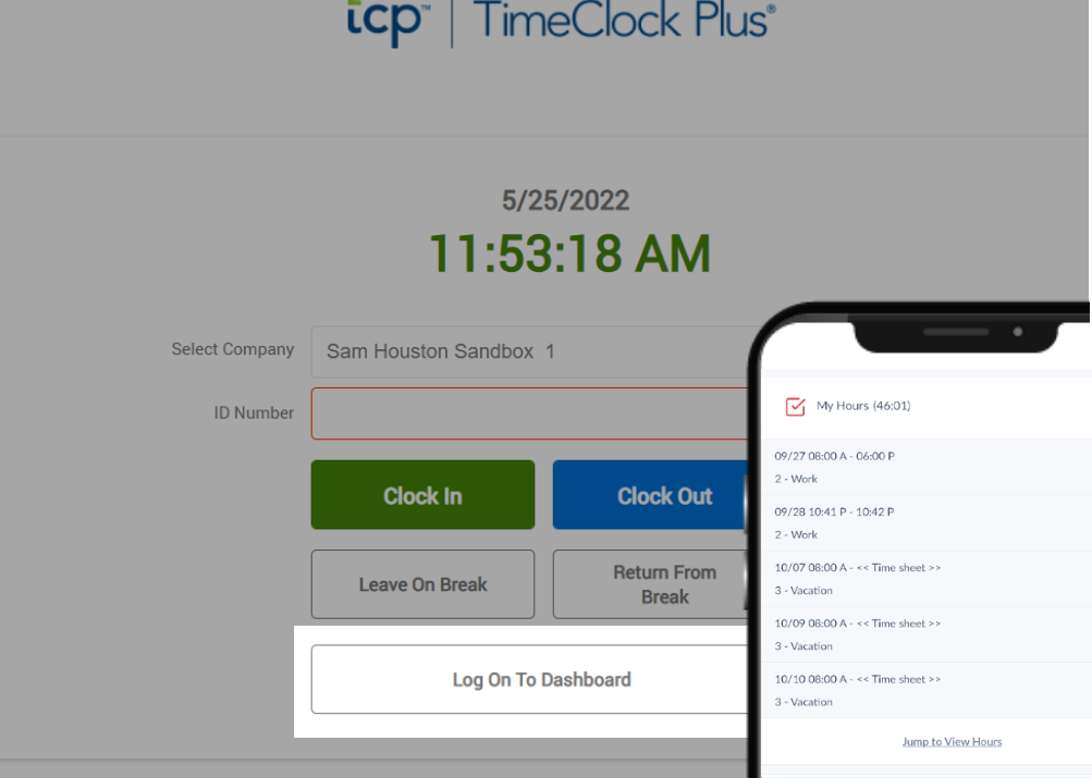 Log on to Dashboard button is located at the bottom of the web clock while hours are displayed under clock operations in mobile clock