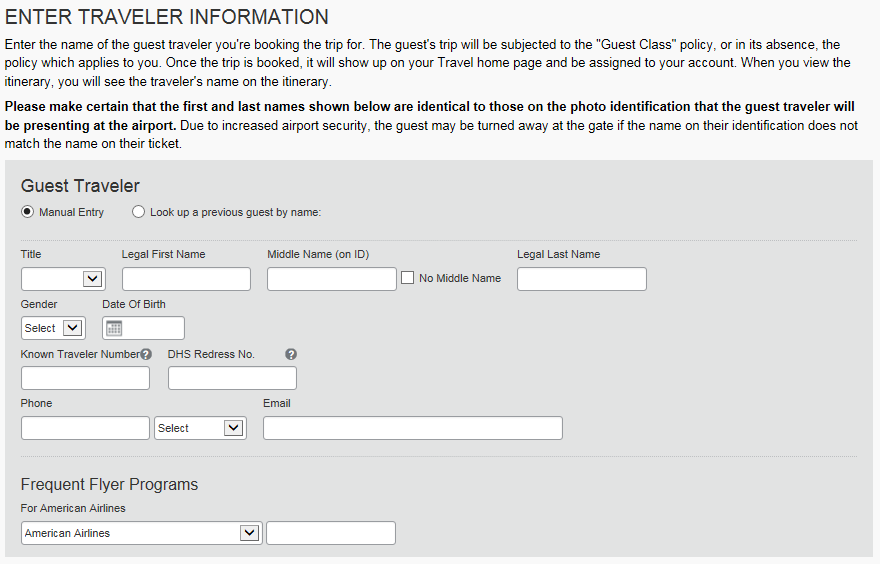 Enter traveler information screen