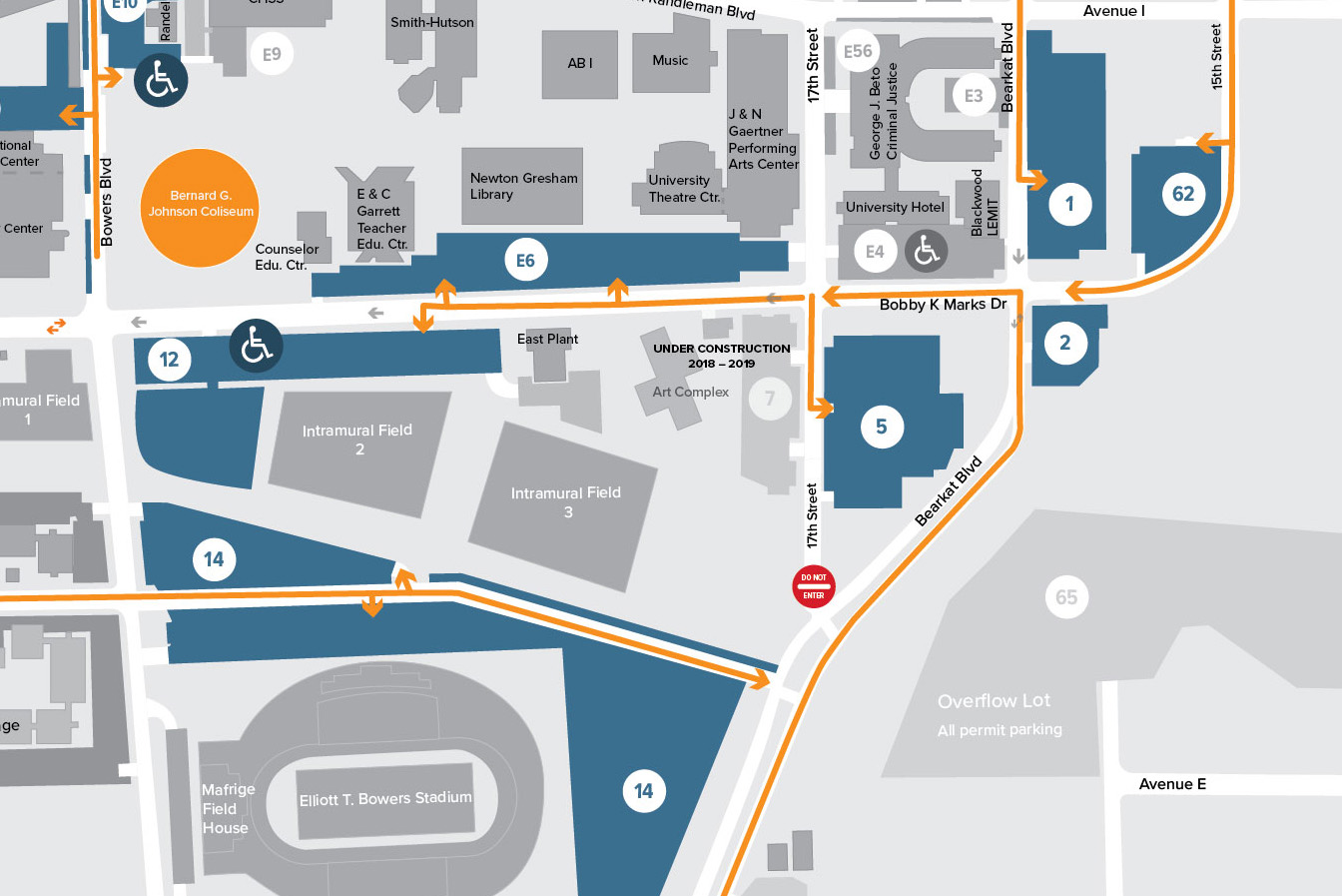 Northeast Map of Campus enter campus on Bearkat Blvd to Bobby K Marks Dr