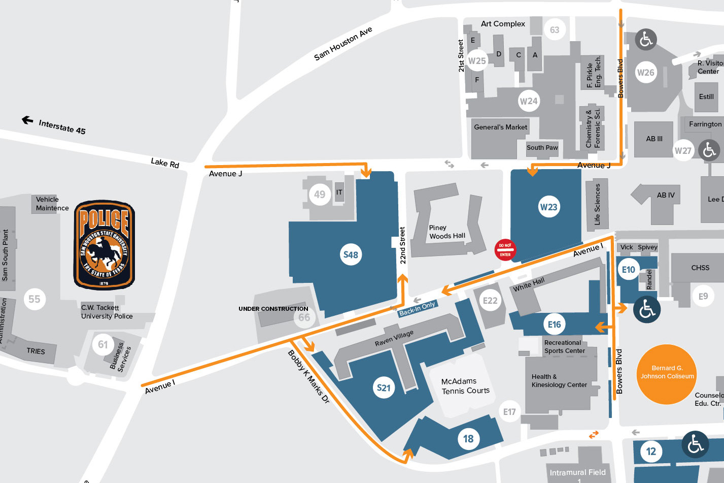 Southwest Map of Campus enter campus from Ave I and Ave J