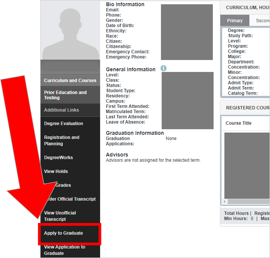 Screenshot of Student Profile screen with an arrow pointing to Apply to Graduate, located under the Additional Links menu.