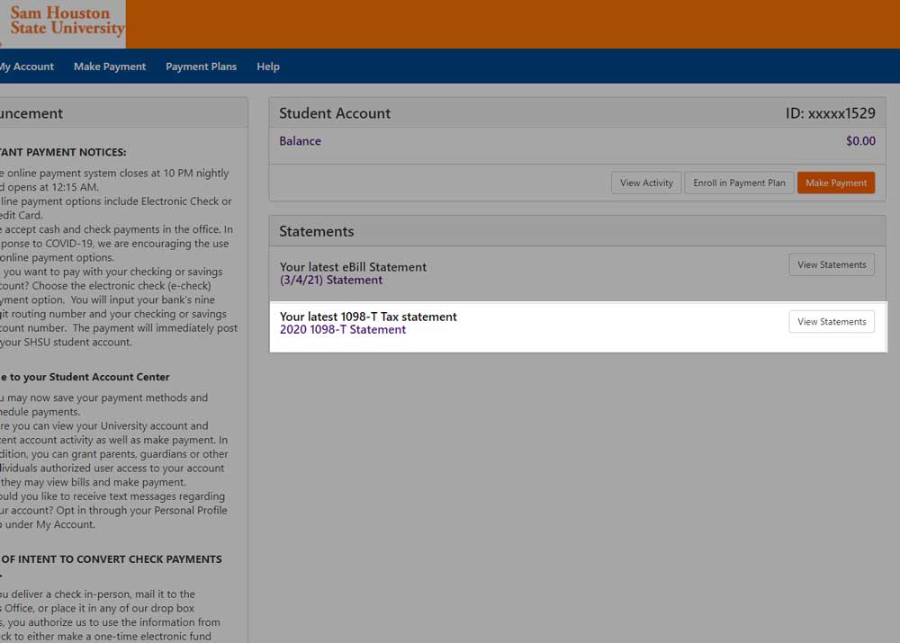 touchnet page highlighting the view statements button under the statements header