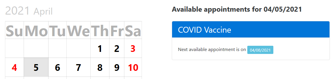 Screenshot of calendar of April with some dates displaying as black and some as red.