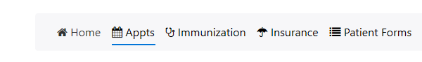 Screenshot of top toolbar in the patient portal. Features the links Home, Appts, Immunization, Insurance, and Patient Forms.