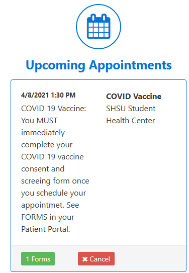 Screenshot of upcoming appointments box on the home screen of the patient portal.