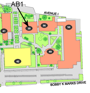 Map of Campus with arrow pointing to AB1.