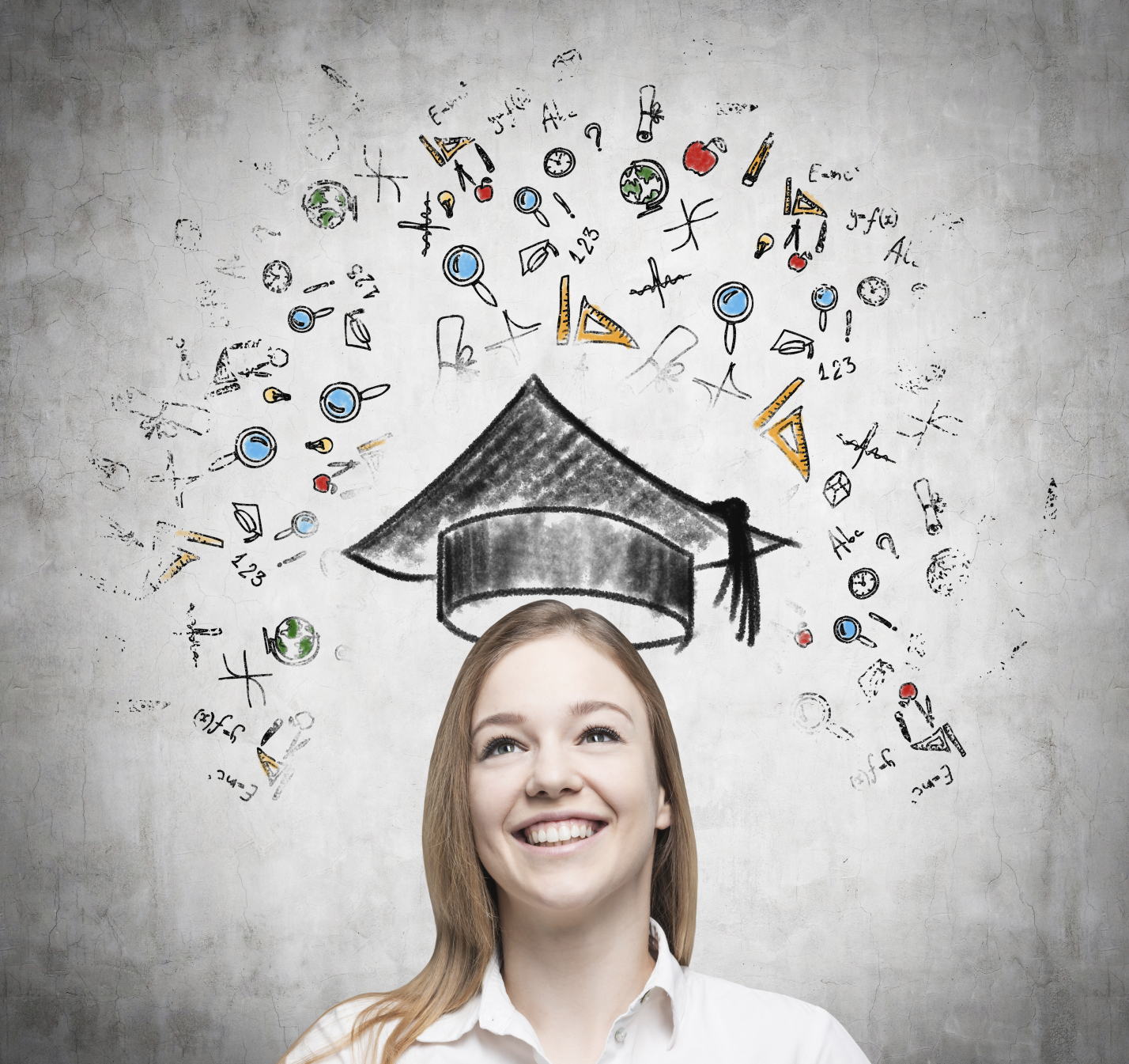 Student with an animated graduation cap above her head