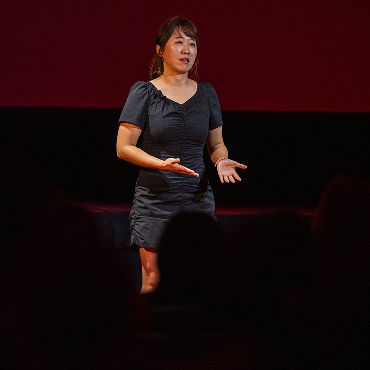 Daye Kim speaks at the 2026 TEDxSHSU event.