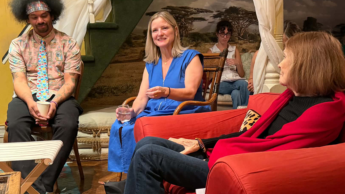 Rose Brock (center) speaks during a Talking Circle at Gloria Steinem's (right) home.