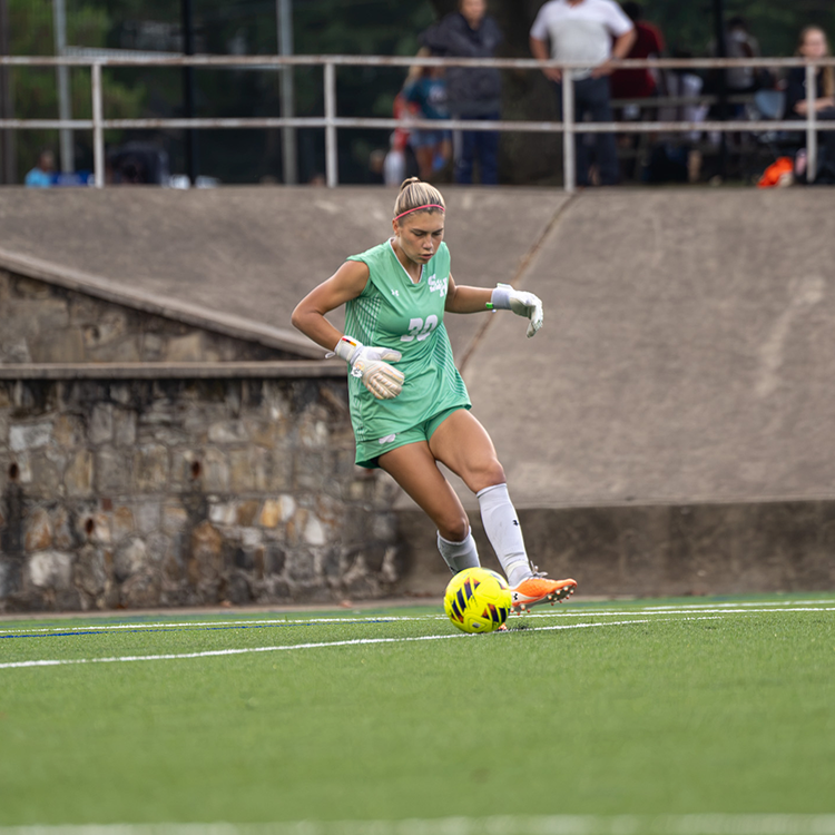 A goalie for the Bearkat Women's Soccer Team plays on Pritchett Field.