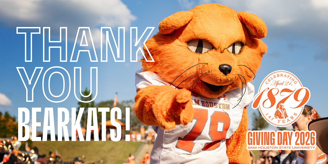 Sammy Bearkat is pointing at the camera with text over the photo that says 'thank you Bearkats'.
