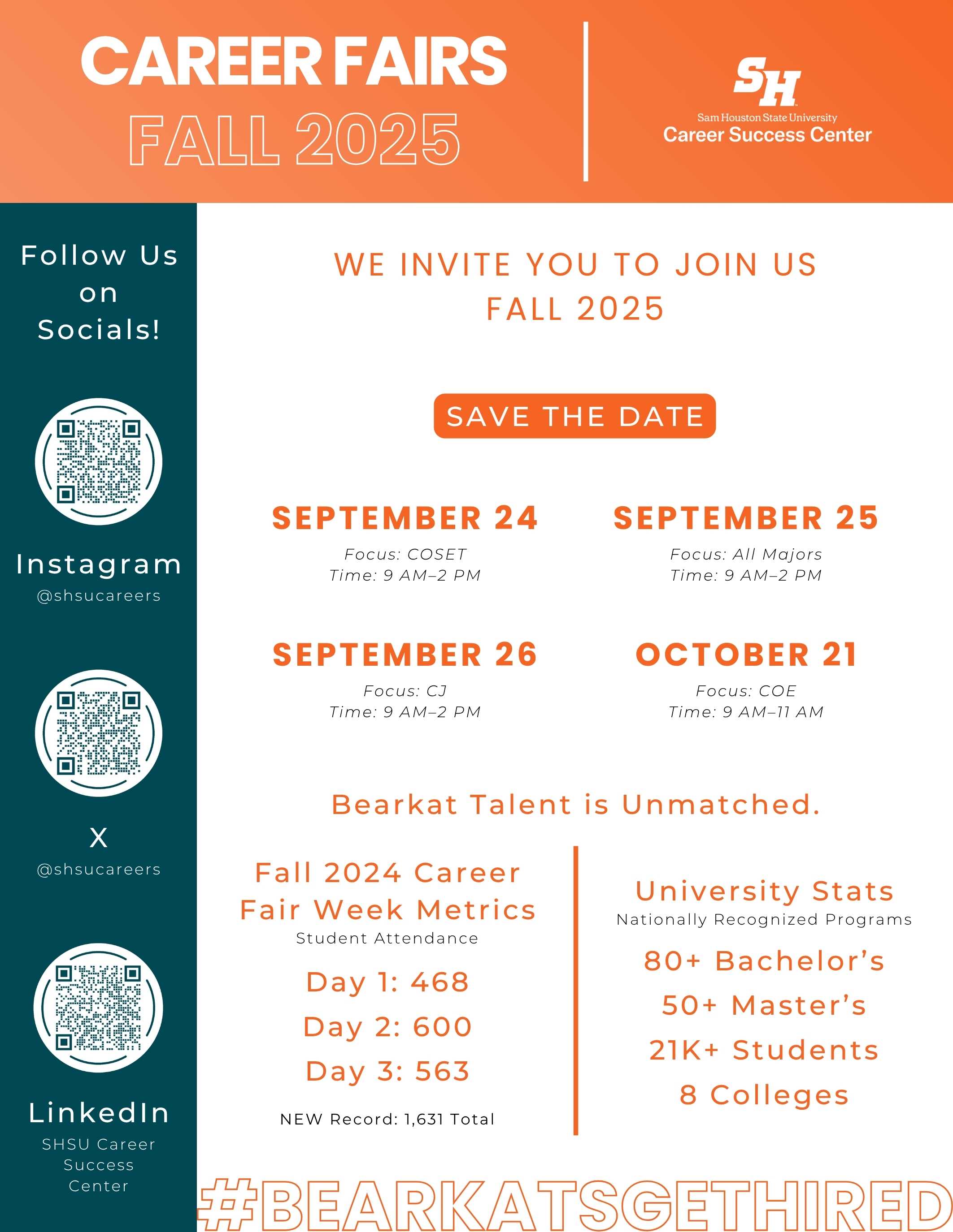 A flyer inviting the SHSU community to attend the Fall 2025 Career & Internship Fairs.