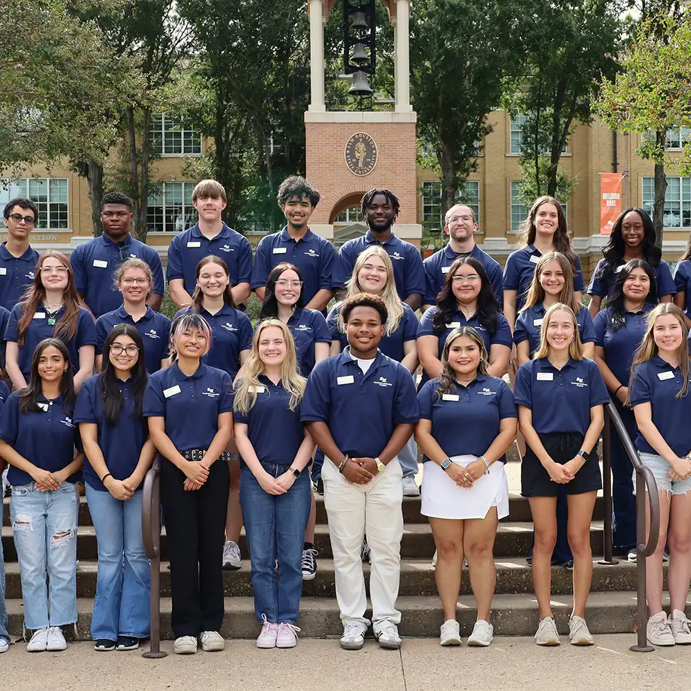 Freshmen Leadership Program cohort members in front of the Bell Tower