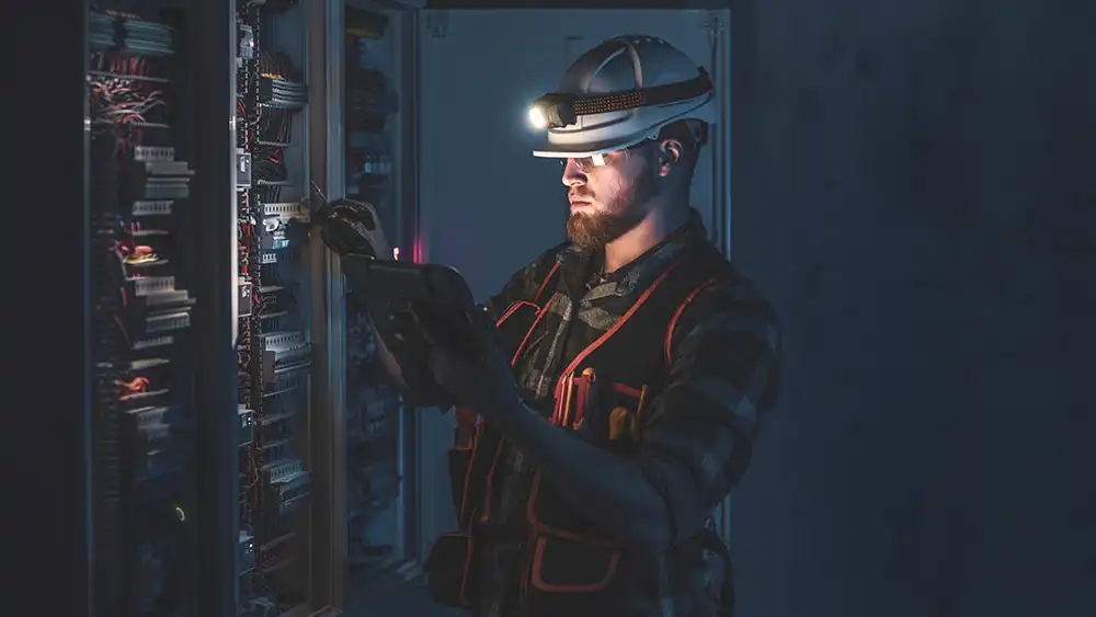 Electrical engineer examining a breaker box in a dark room