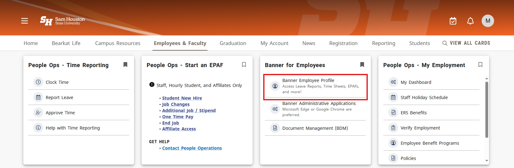 A screenshot with the MySam page highlighting Banner Employee Profile.