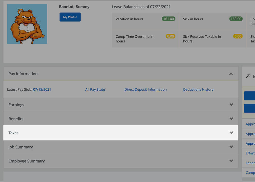 A screenshot with the Banner Employee Profile page highlighting Taxes dropdown.