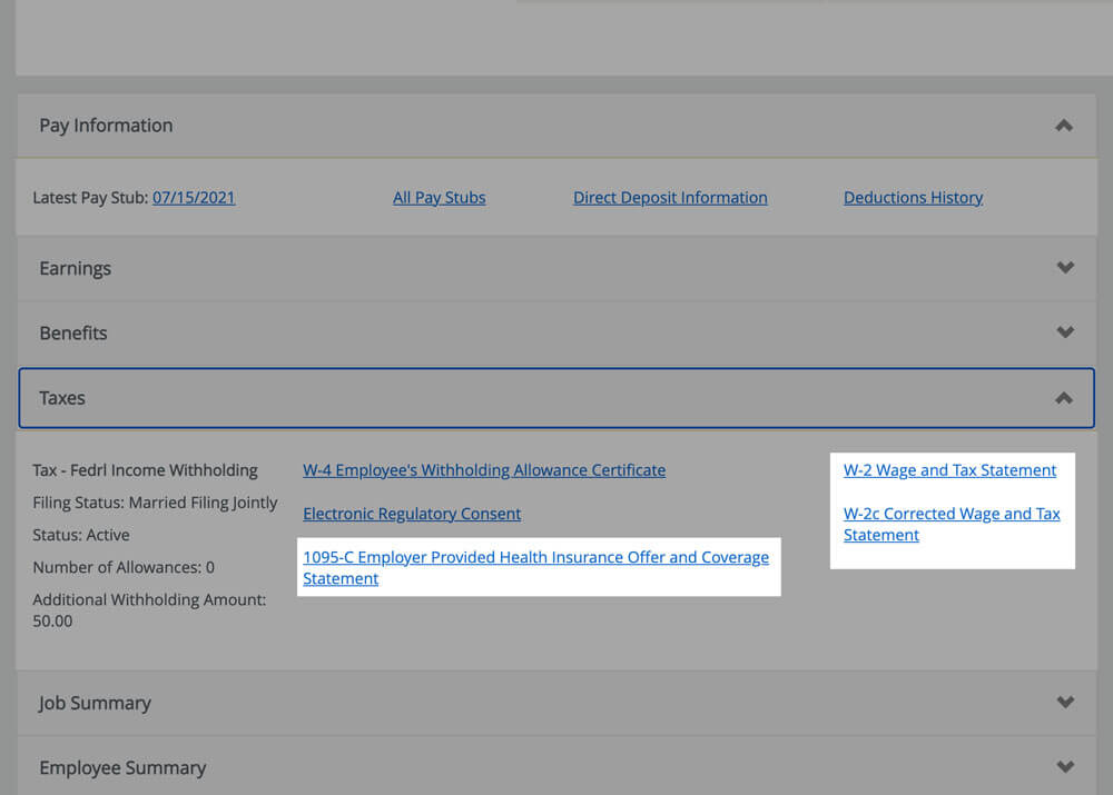 A screenshot with the Taxes dropdown active, highlighting “1095-C Employer Provided Health Insurance Offer and Coverage Statement”, along with “W-2 Wage and Tax Statement” and “W-2c Corrected Wage and Tax Statement”.