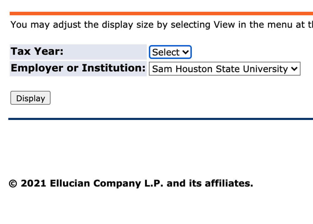 A screenshot with 2 dropdown boxes, first being “Tax Year” followed by Employer or Institution.
