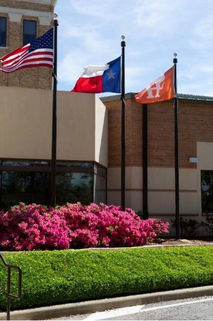 Three flags—the SHSU logo flag, Texas flag, and U.S. flag—fly in front of a campus brick building, above pink flowers and neatly trimmed hedges.