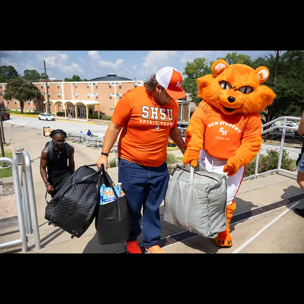 A person wearing an orange SHSU Spirit Team shirt and cap carries bags and bedding up outdoor stairs alongside Mascot - Sammy Bearkat wearing a shirt that reads "New Student Move-In." A student follows behind carrying a large black bag. Campus buildings, railings, and a roadway are visible in the background on a sunny day.