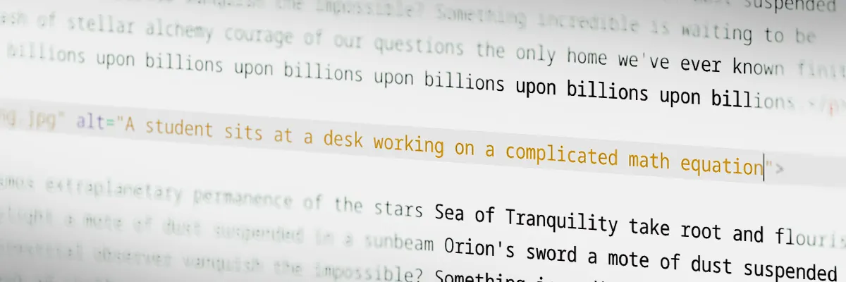 Close-up of HTML code highlighting an alt attribute that is important for accessibility.