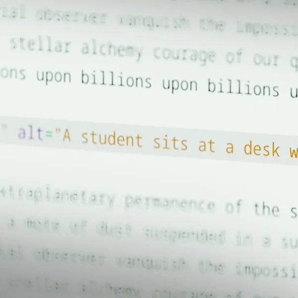 Close-up of HTML code highlighting an alt attribute that is important for accessibility