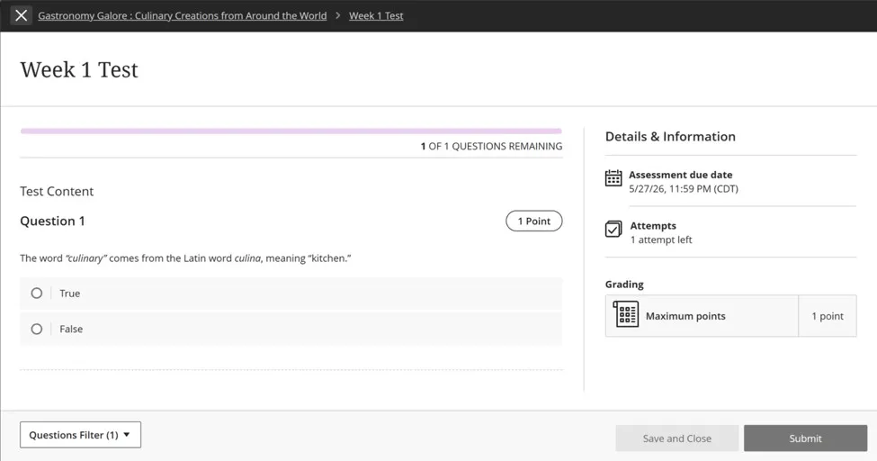 A multiple-choice test interface with the top breadcrumb navigation trail highlighted, showing the path from the course home to the test.