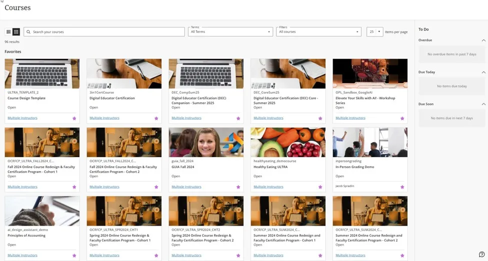 A learning management system dashboard displaying a grid of favorited course cards with image thumbnails and a right-side panel for To Do tasks.