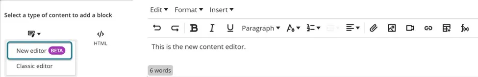 A user interface menu highlighting the "New editor BETA" option next to a standard text formatting toolbar.